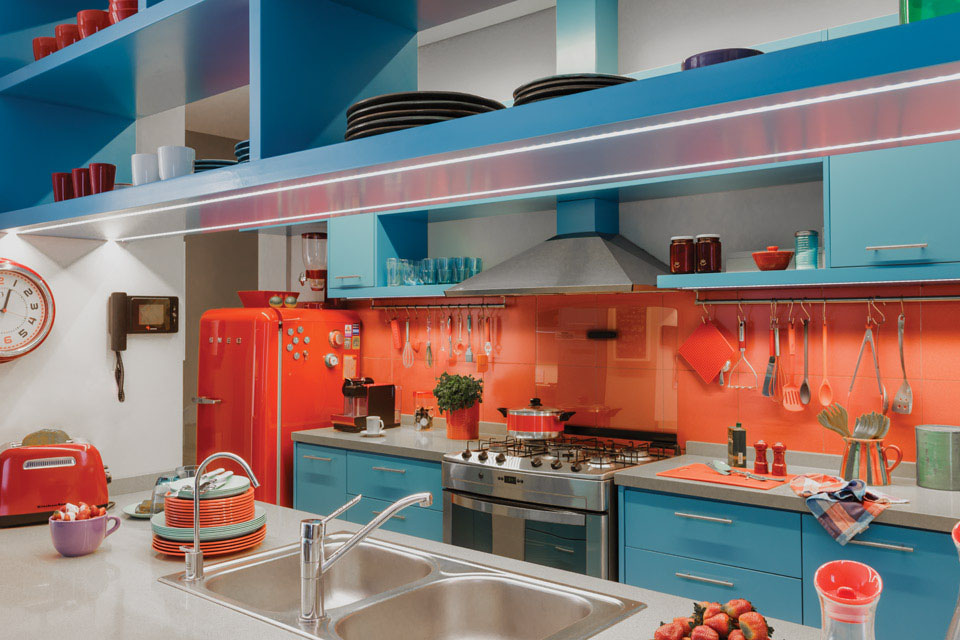 Azure-Blue-Red-Orange-Kitchen_1 Midcentury Modern Kitchen Design with Retro Fridge