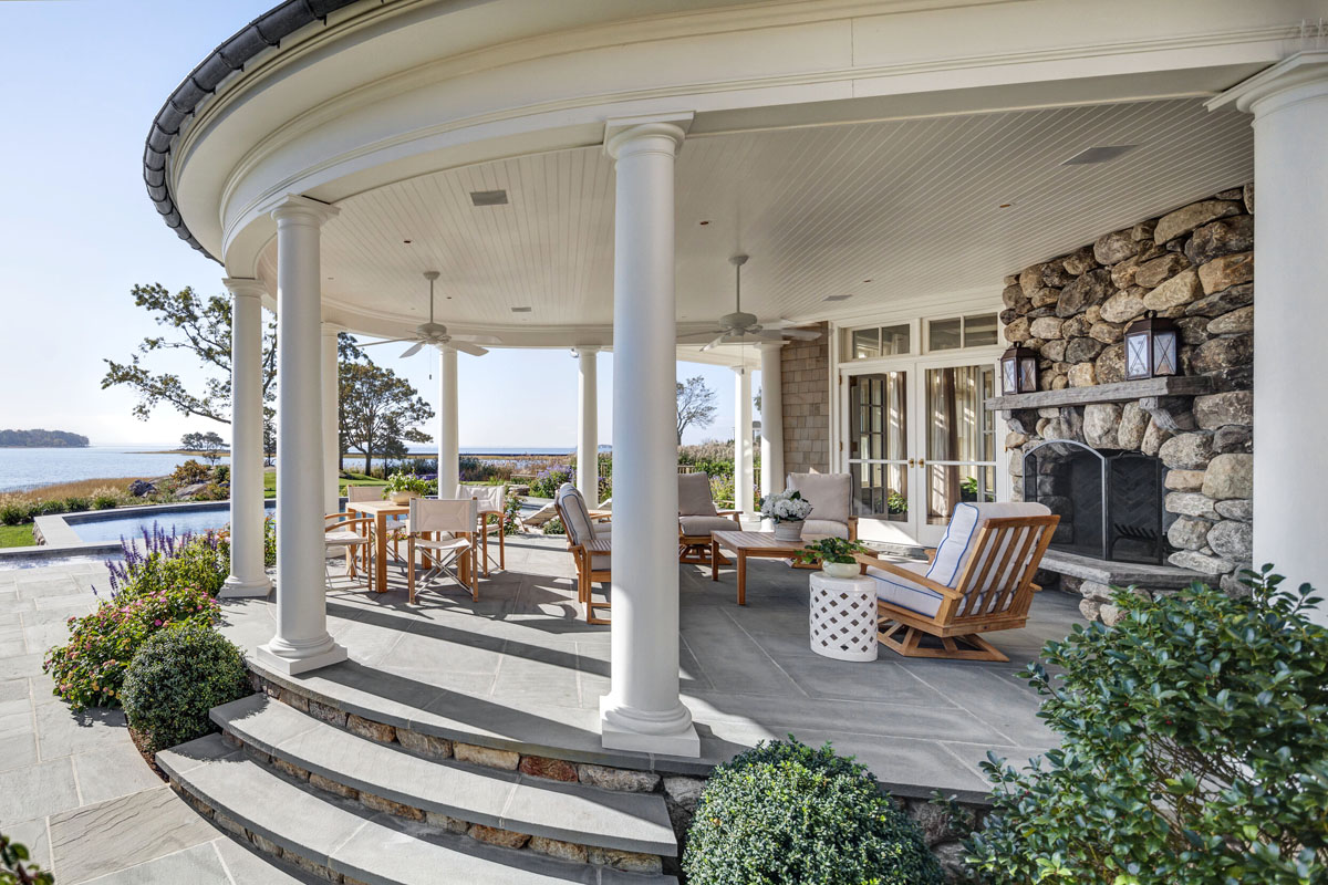 New England Shingle Style House Round Porch with Water Views - Greenwich, Connecticut