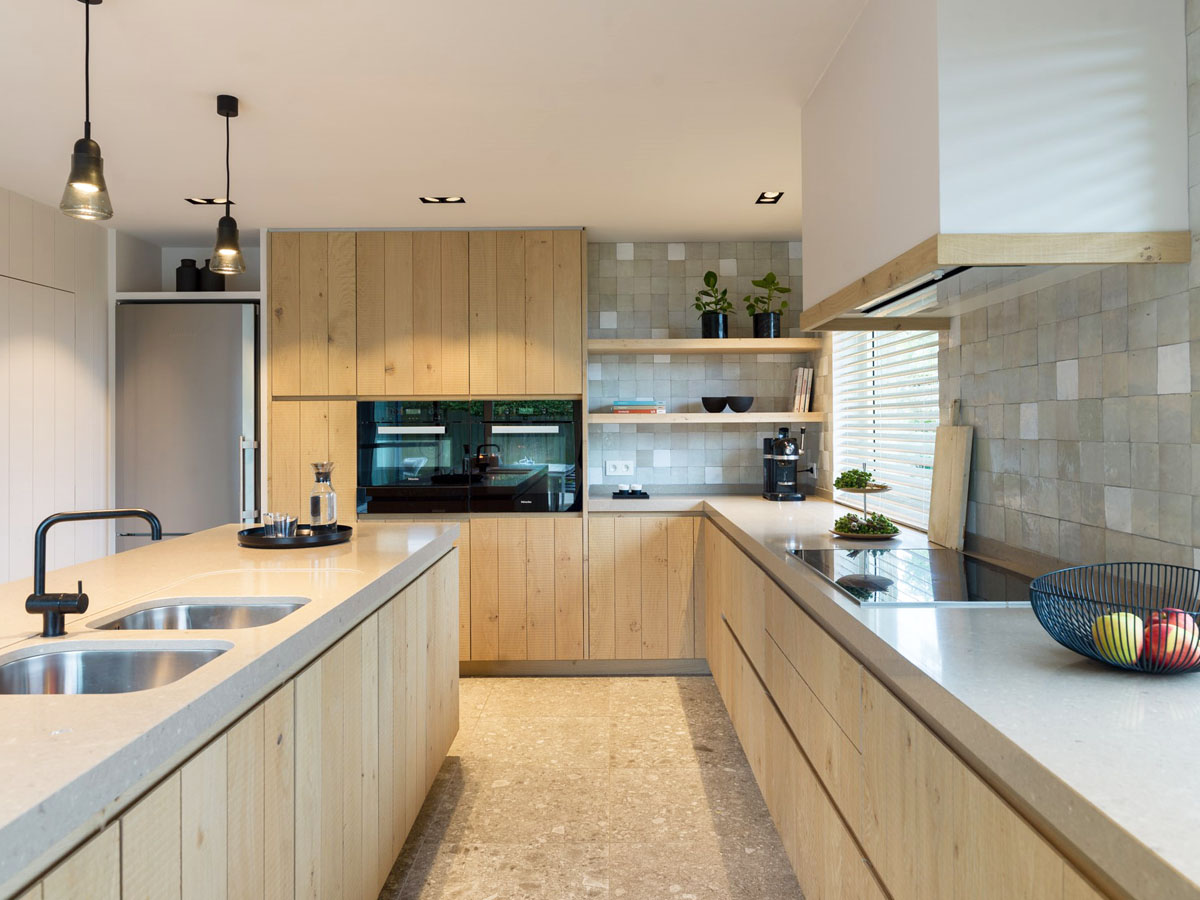 Modern Home in Belgium with Country Style Rural Character Modern Dream Kitchen with Granite Countertop and Oak Cabinets
