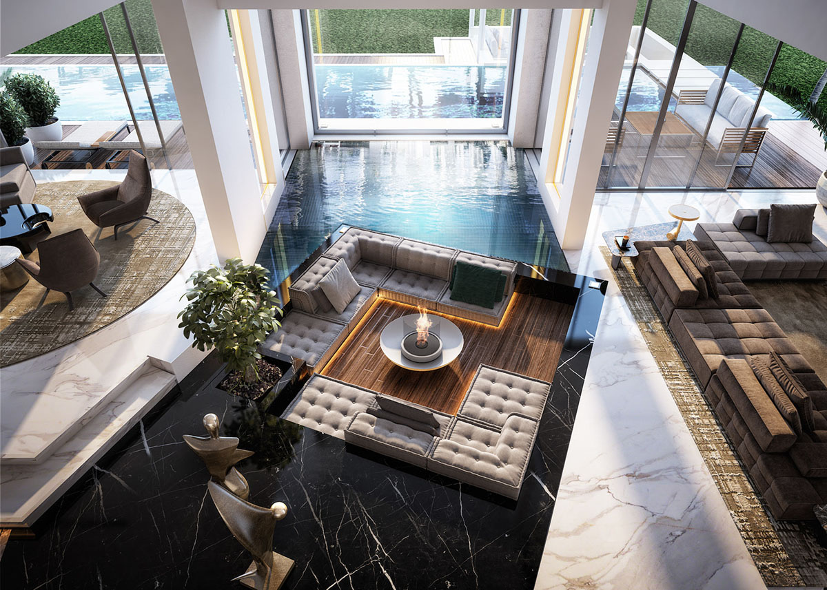 Contemporary Luxury Home with Open Plan Living Room Design Surrounded by Indoor Pool