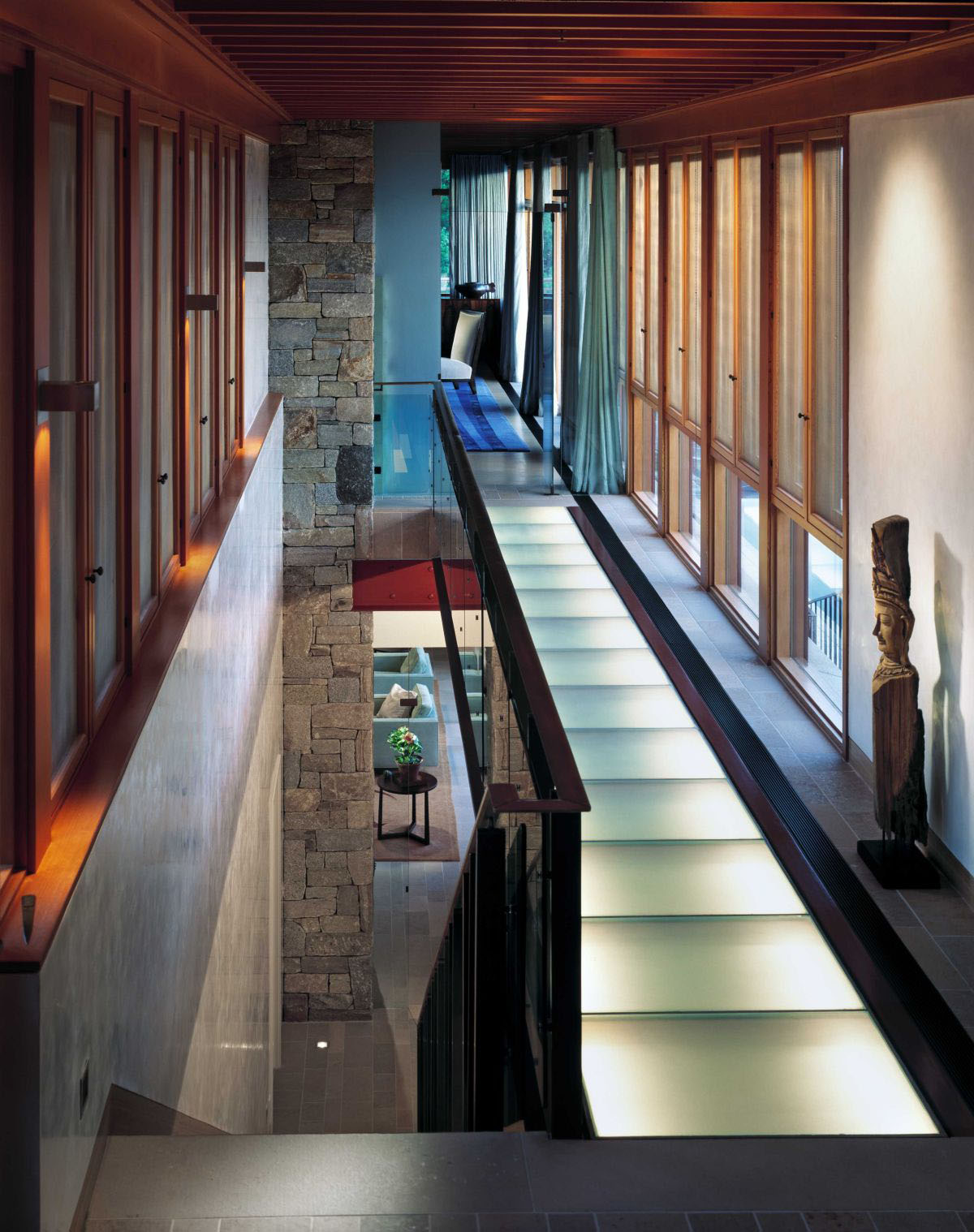 Contemporary-Stone-and-Wood-House_12 Indoor Glass Bridge