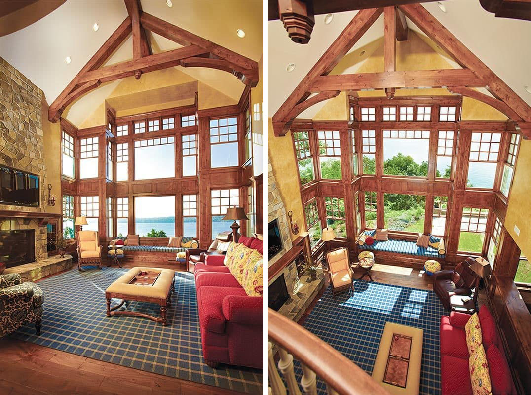 Luxury Country Home by the Lake in Wisconsin Living Room by the Lake with Wood Trusses