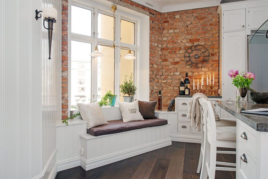 Cozy-Dream-Kitchen_3 Cozy Kitchen with Seating Bench and Brick Wall