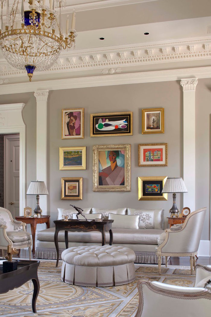 Federal-Style-Houston-Home_5 Living Room with Classical lines and Art Deco painting by Dutch artist Emile van der Cammen