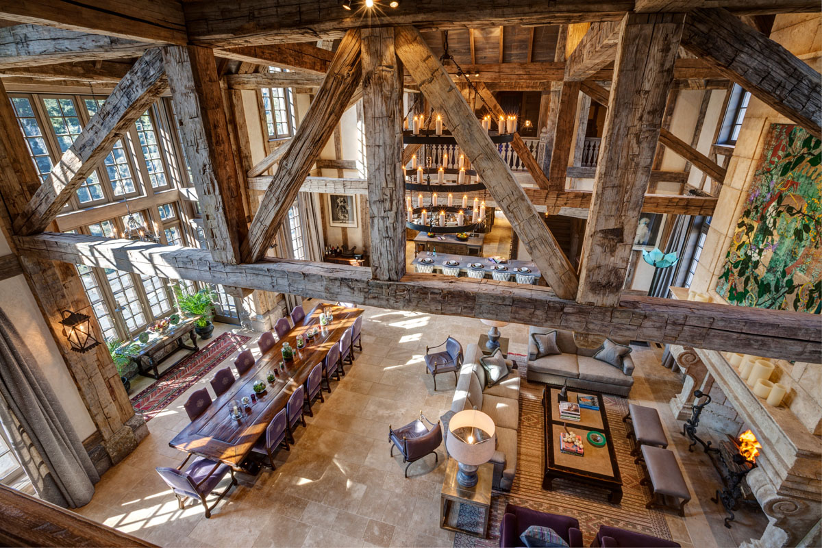 Rustic French Norman Style Great Room with Antique Timber Planks and Trusses
