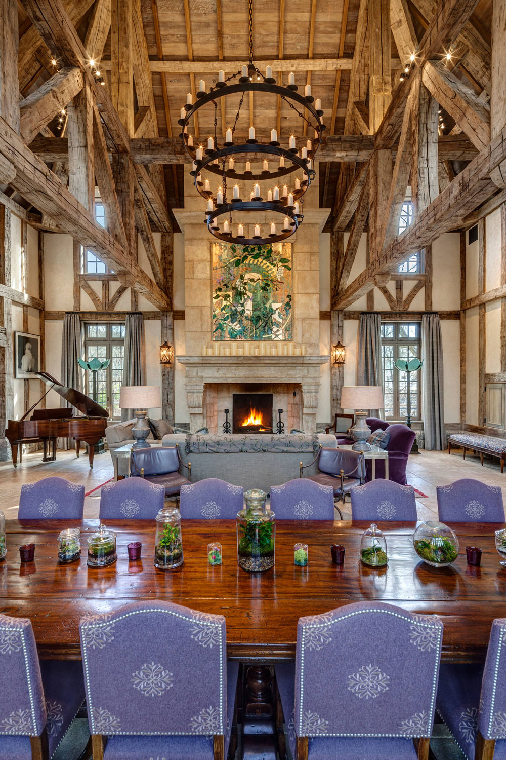 Rustic French Norman Style Great Room with Limestone Fireplace