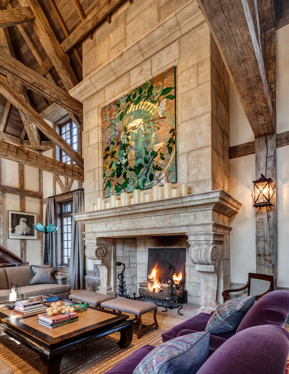 Rustic French Norman Style Great Room with Limestone Fireplace