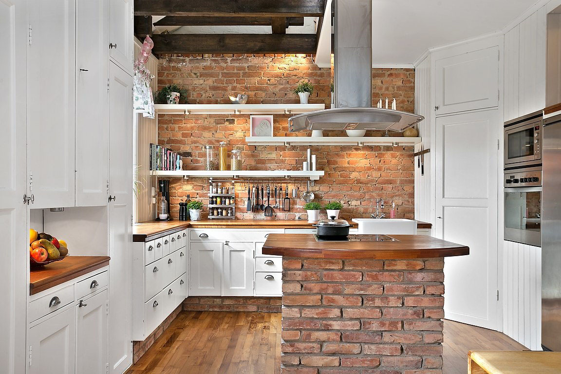 Gothenburg-Sweden-Duplex-Apartment_1 Rustic Country Style Kitchen with Brick Wall