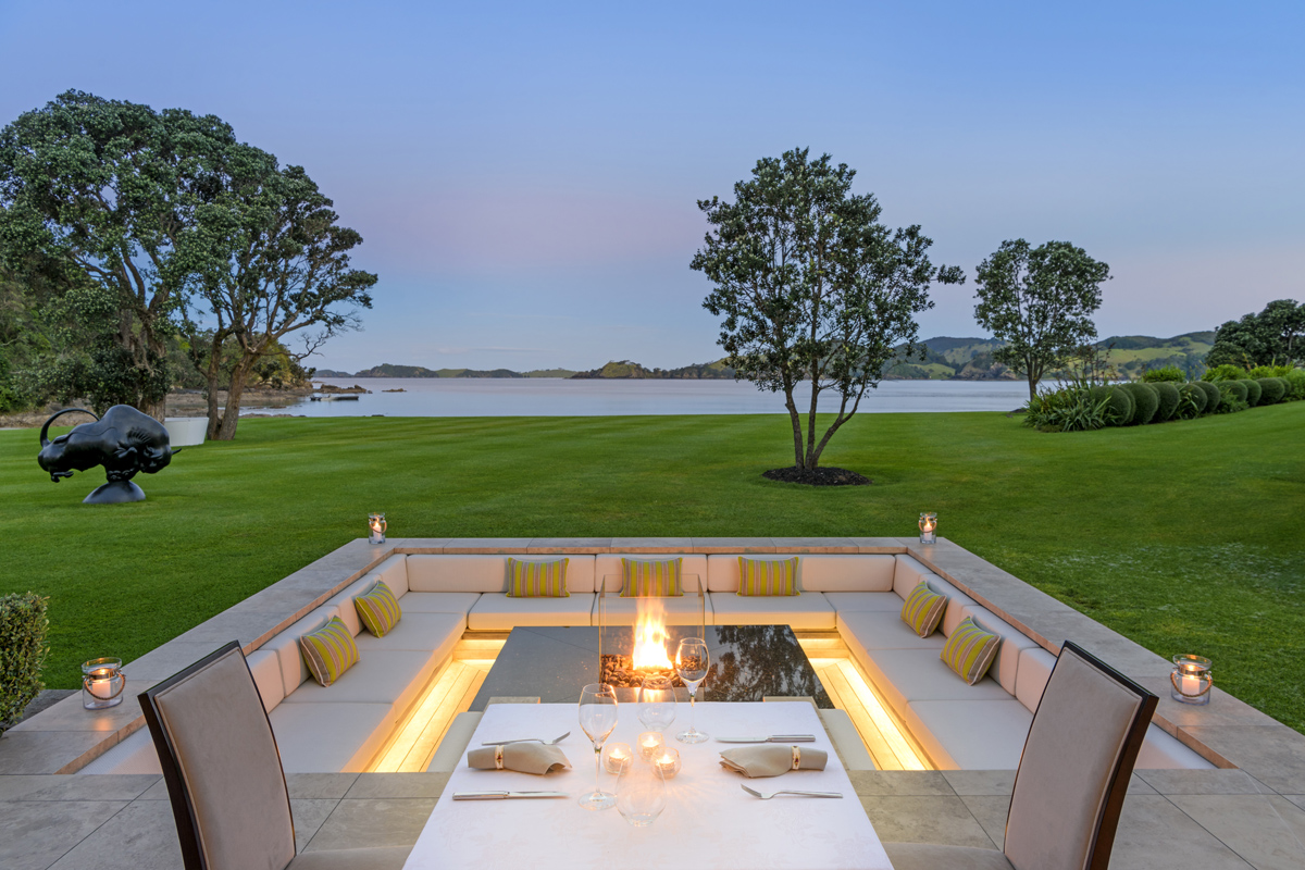 Helena Bay Lodge: Romantic Retreat in New Zealand’s North Island Sunken Firepit with Ocean View