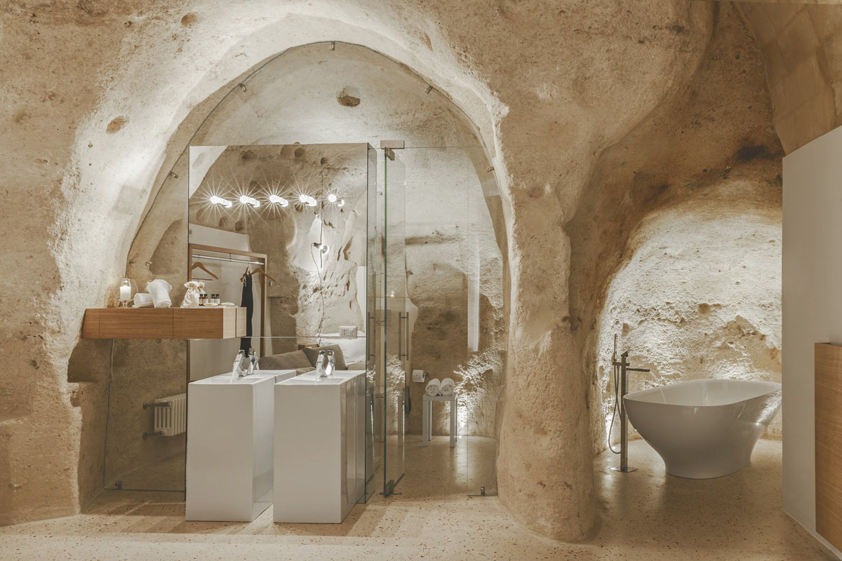 La Dimora di Metello: An Elegant Cave House Boutique Hotel - Matera, Basilicata, Italy Limestone Grotto Bathroom