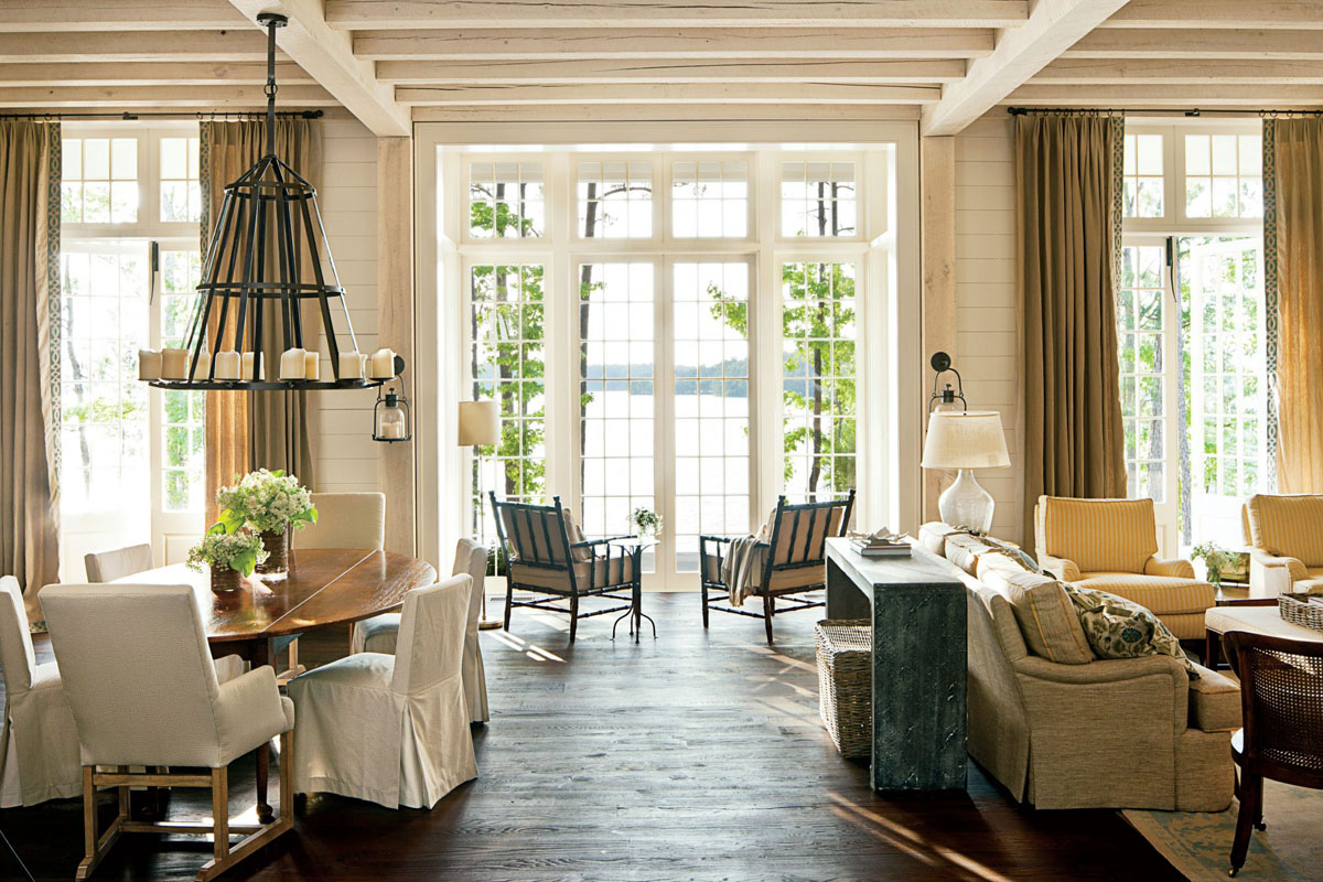 Romantic and Picturesque Stone Lake House Living Room with Lake View in a Peaceful Setting