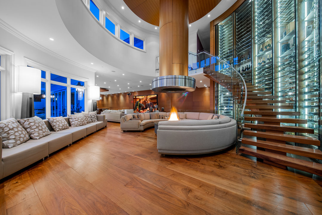 Contemporary Luxury Home with Glass Wine Storage in Living Room - West Vancouver, British Columbia, Canada