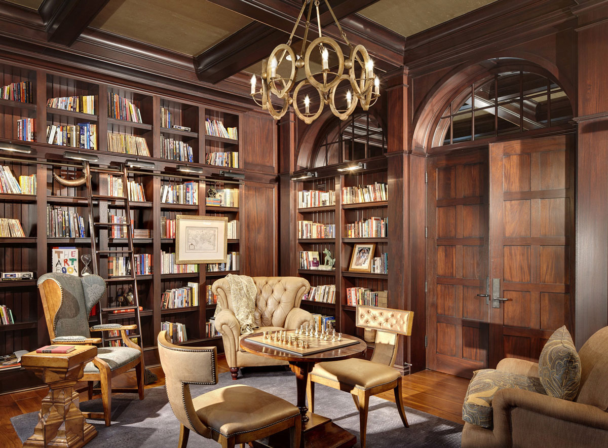 Italian Style Villa by the Lake - Glencoe, Illinois Home Office Library in Walnut with Medium Tone Wood Floor