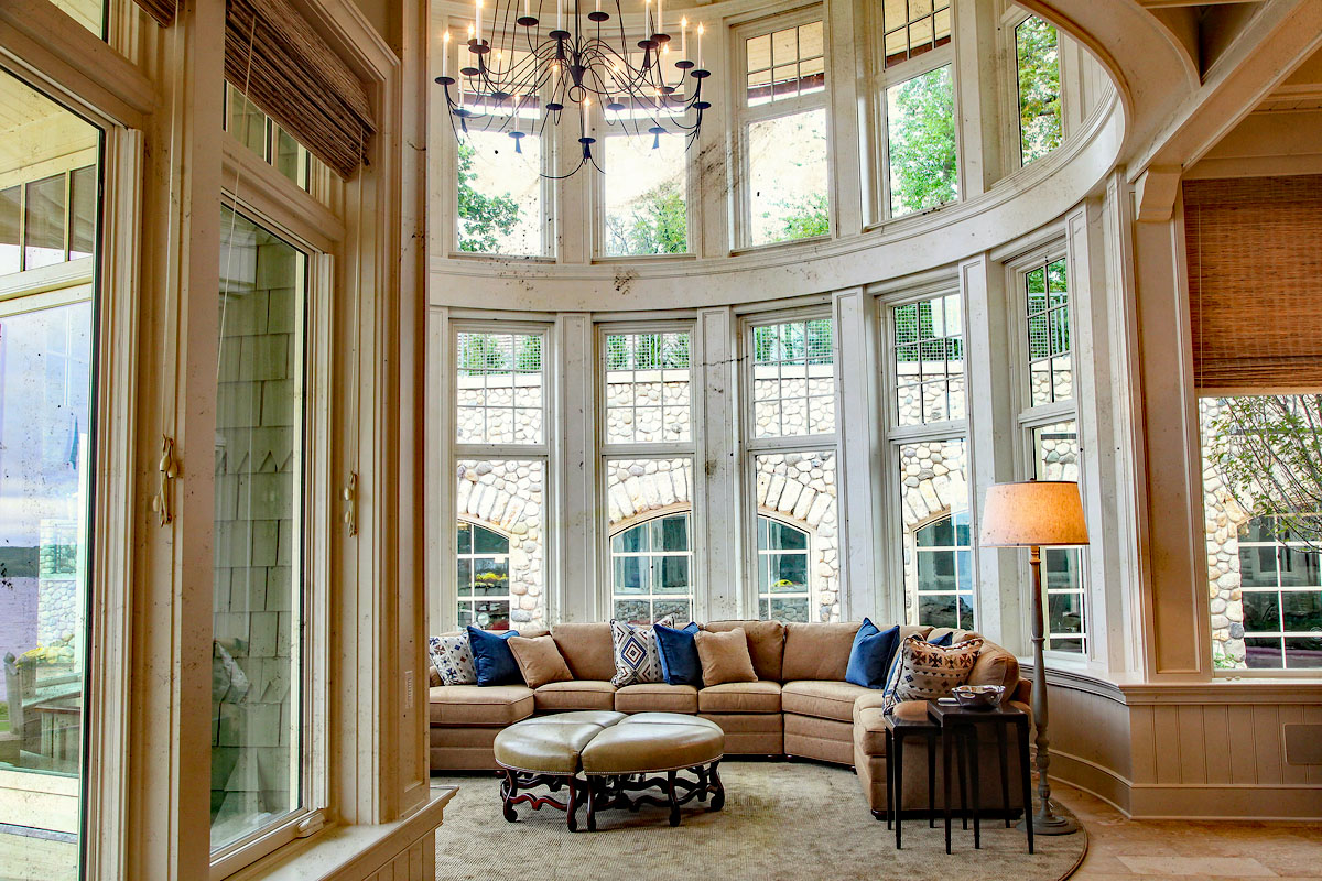 Lakeside Shingle Style Home - Fontana-on-Geneva Lake, Wisconsin Elegant Round Living Room with High Domed Ceiling