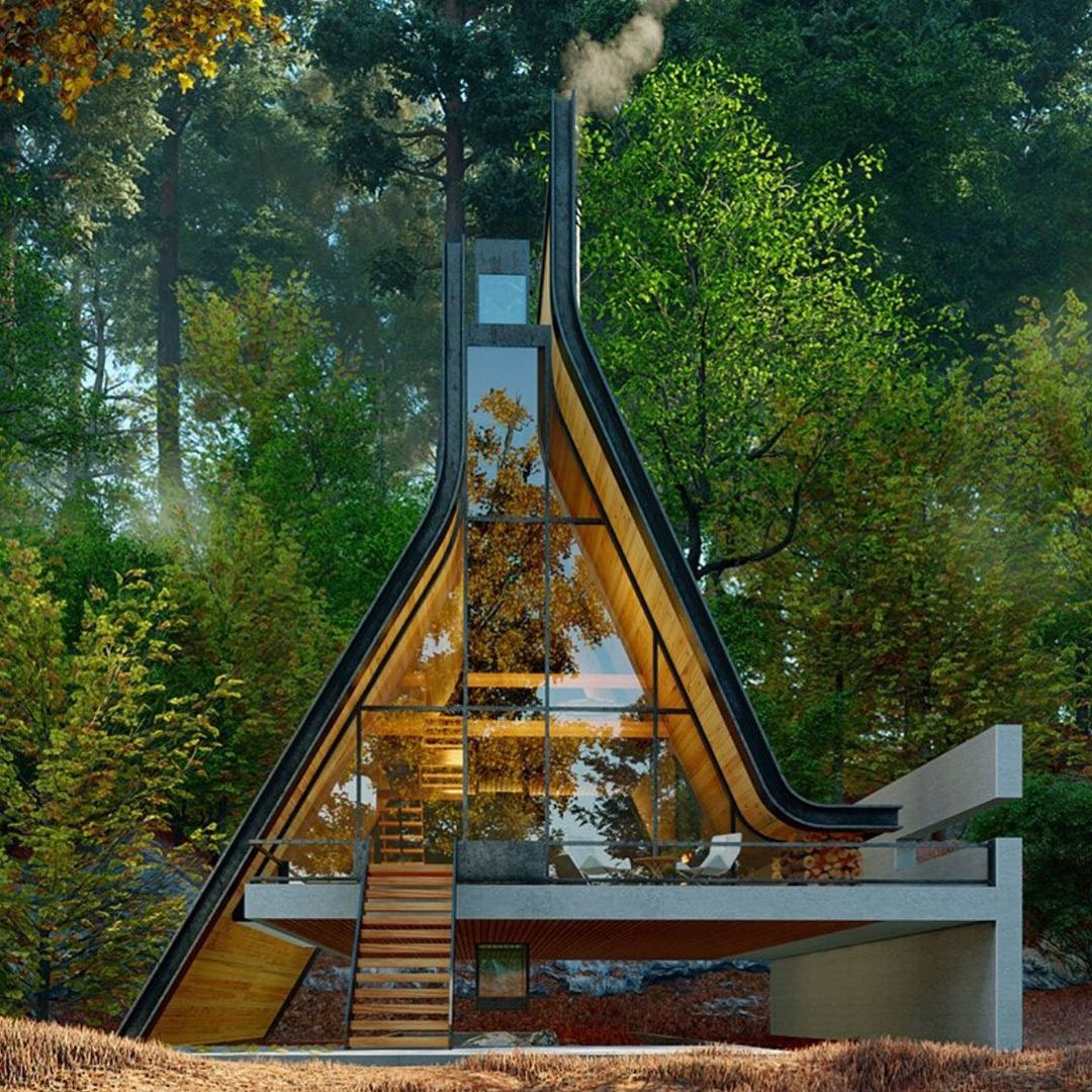 Modern Wooden A-Frame Cabin in the Woods