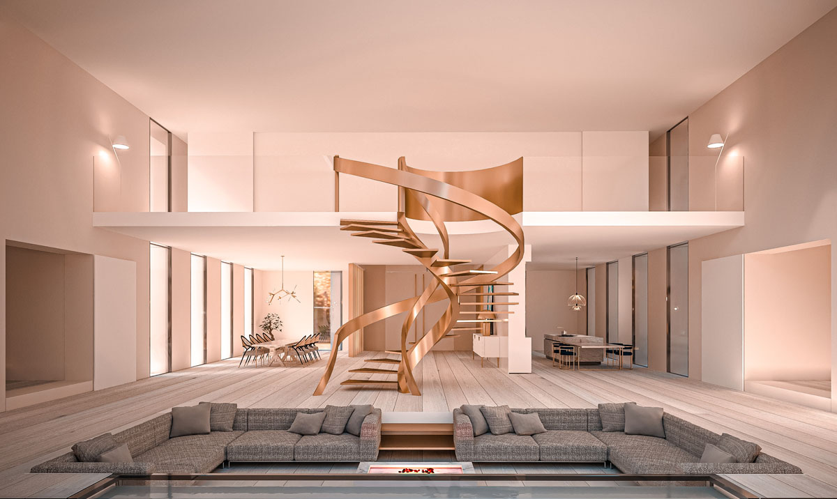 Minimalist Living Room with Sunken Sofa Area and Bronze Staircase