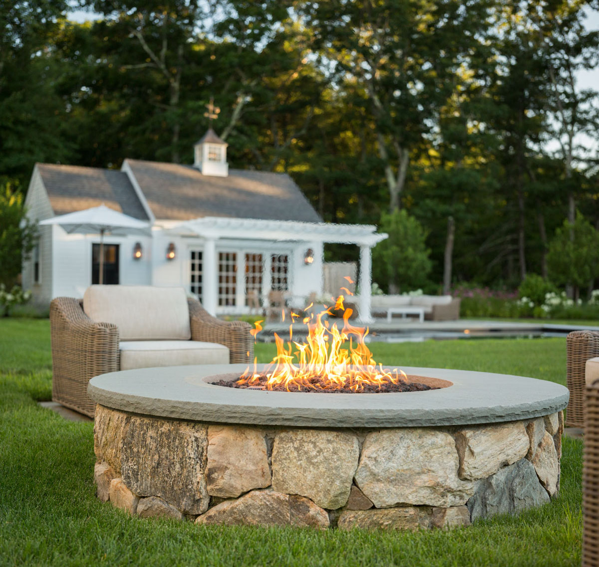 Pool House with Classic Contemporary Architecture - Dover, Massachusetts Outdoor Stone Fire Pit
