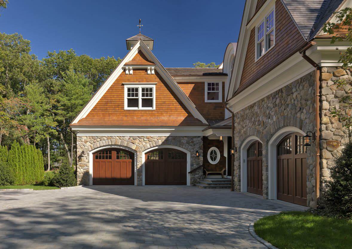 Traditional New England Luxury Home with Palladian Architectural Influence Exterior Red Cedar Shingles and Stones