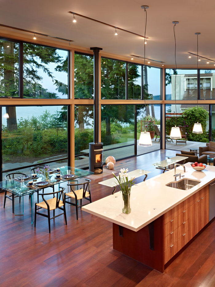 Port-Ludlow-House_8 Modern Open Kitchen with High Ceiling and Water Views