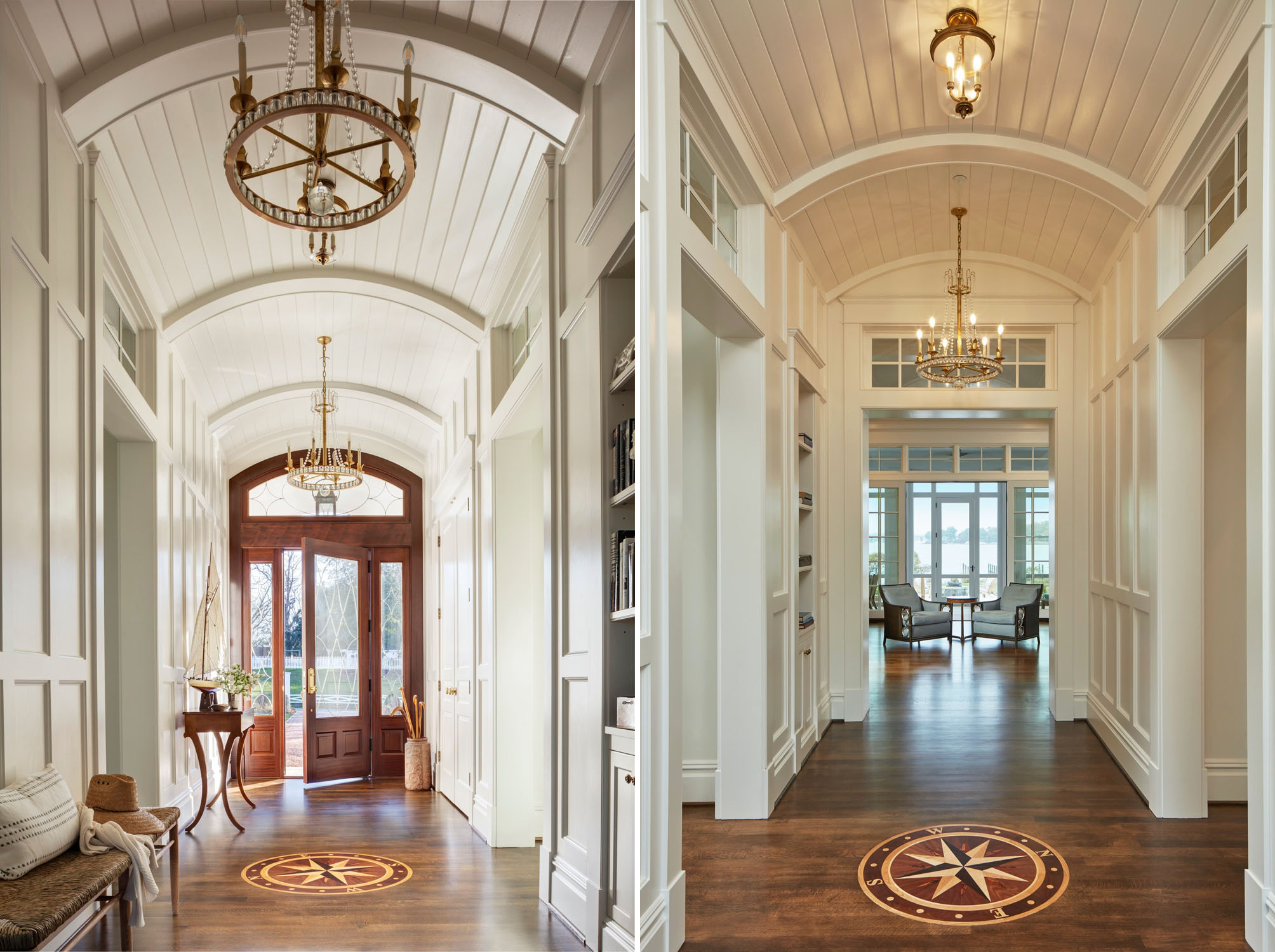 Nautical Themed Interior Decor - Annapolis, Maryland Hallway with Curved Beadboard Ceilings and Handcrafted Compass Inlay on Hardwood Floor