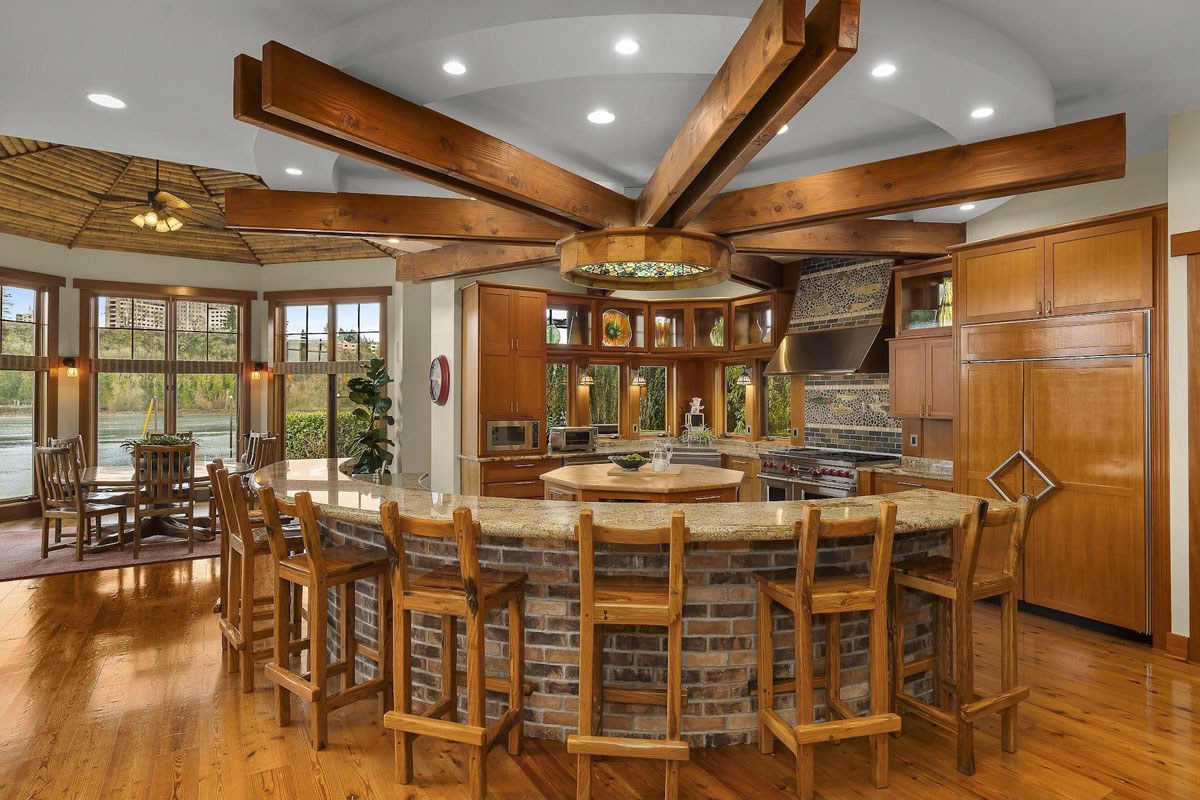 Riverside Timber and Stone House - Lake Oswego, Oregon Fir Wood Kitchen Cabinets with Granite Countertops