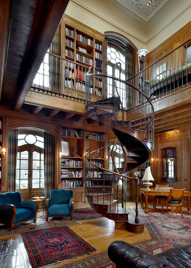 A City House with Contemporary Classical Decor Wooden Spiral Staircase