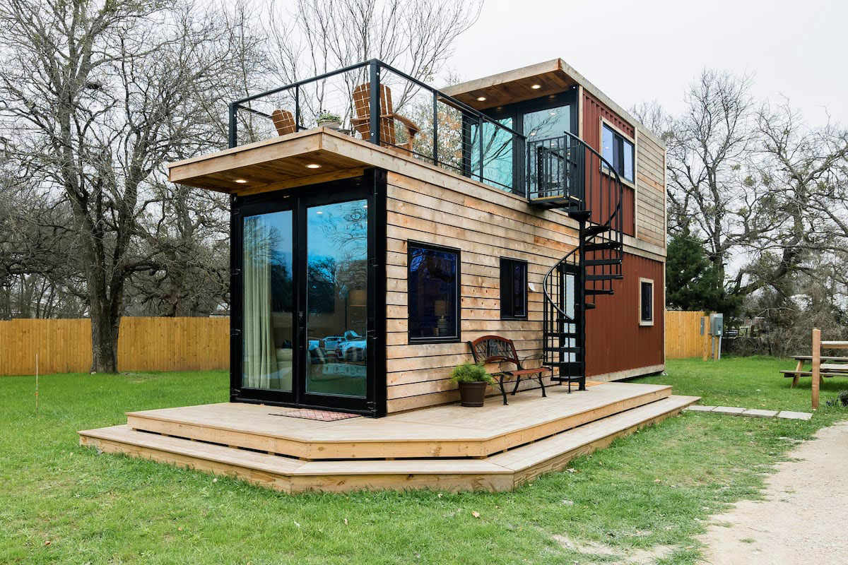 Two-Storey Shipping Container Tiny Vacation Home with Upper Sun Deck This Tiny House is a Fusion of 2 Shipping Containers