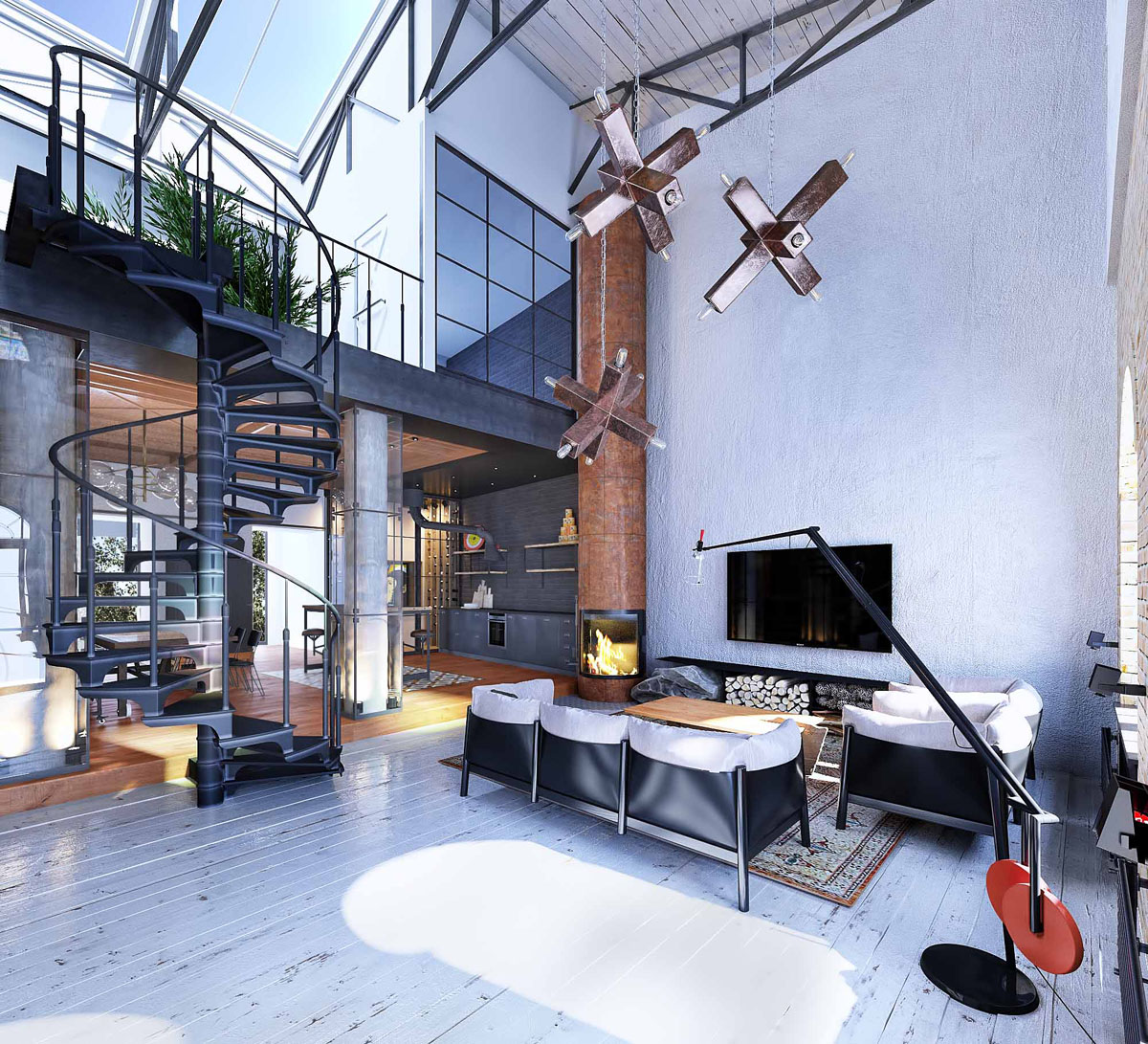Spacious Industrial Style Loft with Metal Spiral Staircase - Kyiv, Ukraine