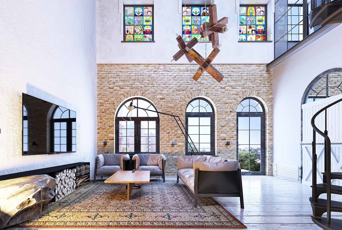 Spacious Industrial Style Loft with Metal Spiral Staircase - Kyiv, Ukraine