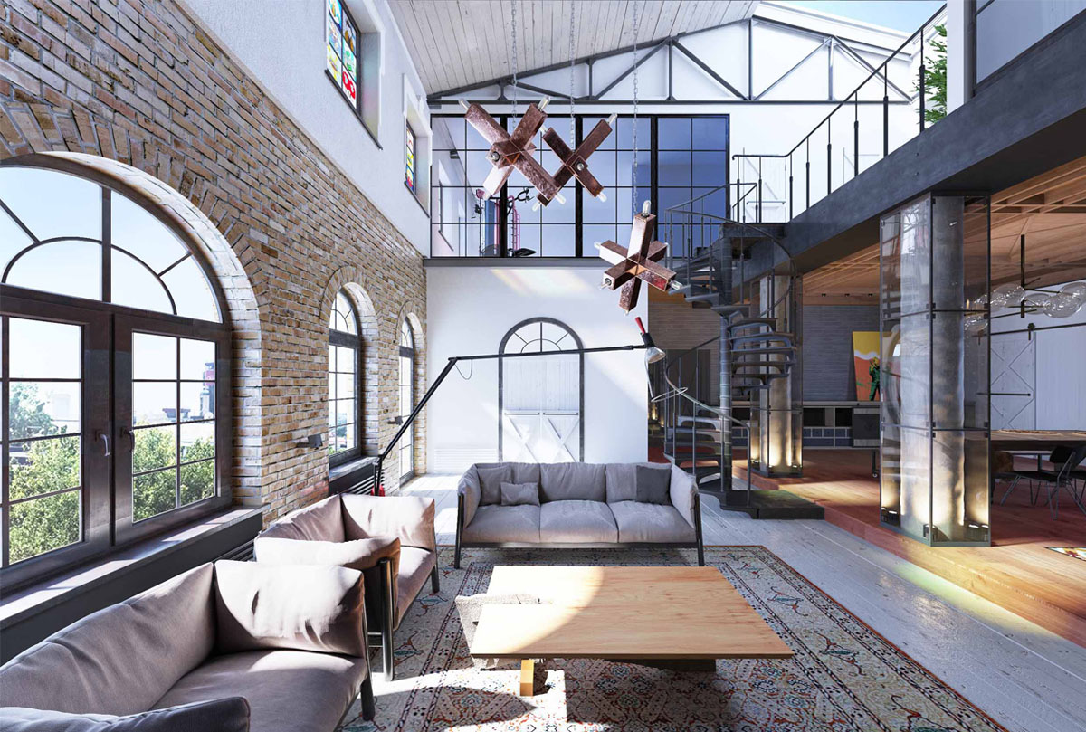 Spacious Industrial Style Loft with Metal Spiral Staircase - Kyiv, Ukraine