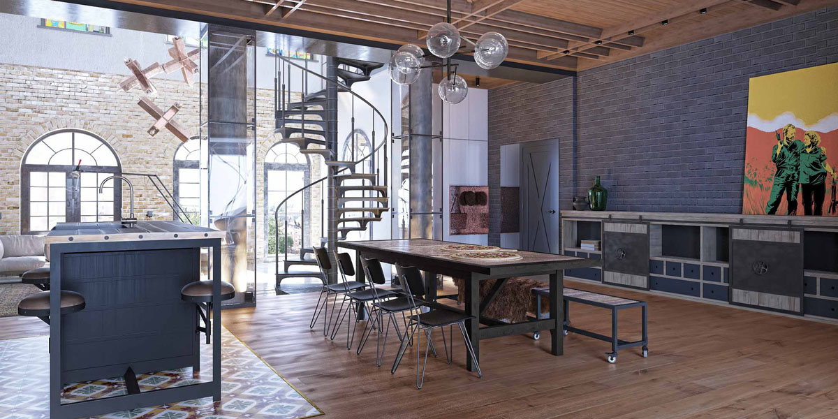 Spacious Industrial Style Loft with Metal Spiral Staircase - Kyiv, Ukraine