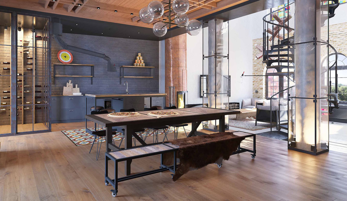 Spacious Industrial Style Loft with Metal Spiral Staircase - Kyiv, Ukraine