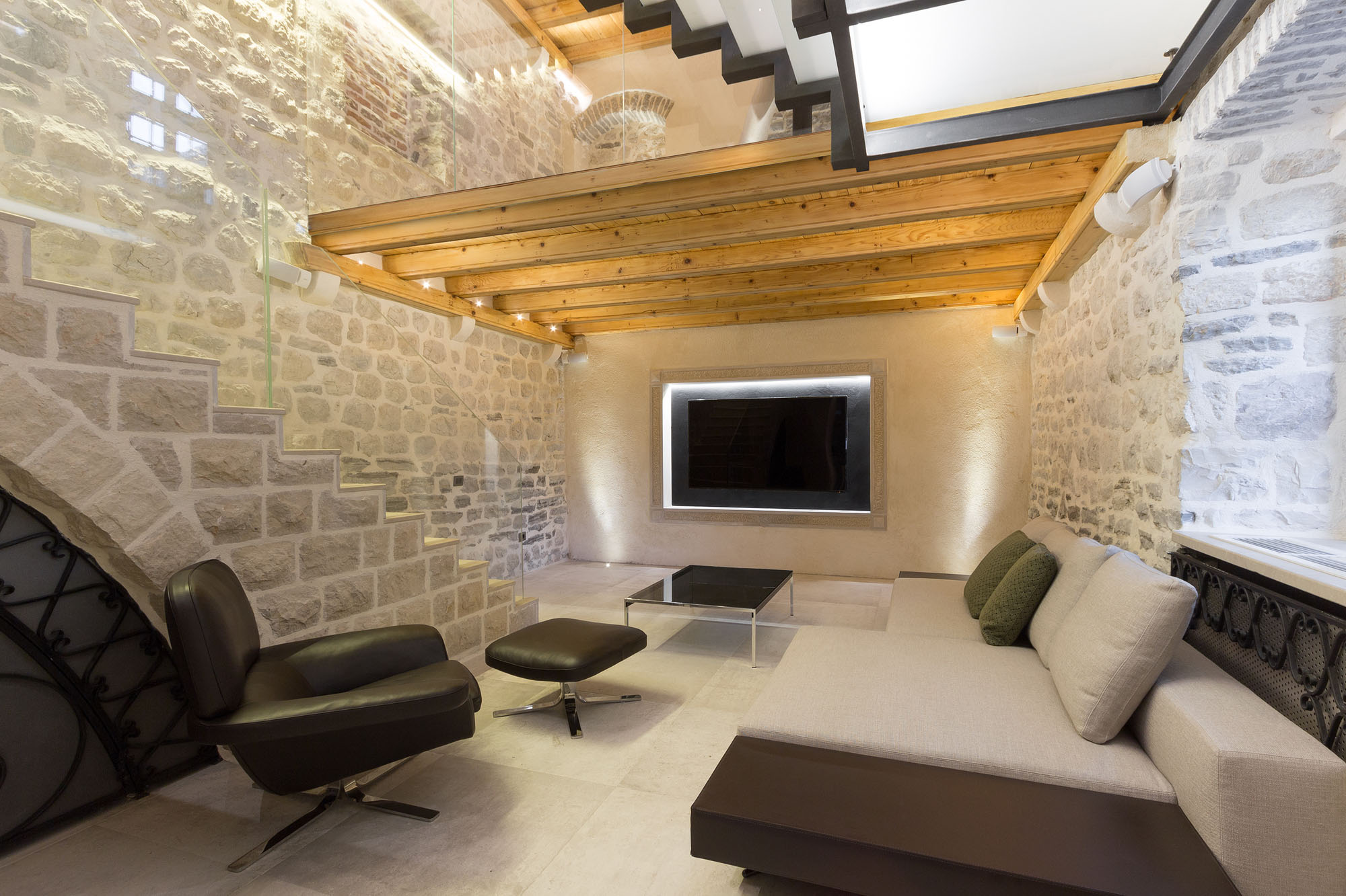 Villa-Monja-Montenegro_3 Entertainment Room with Stone Walls and Wood Beams